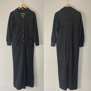 Vintage 70s Jumpsuit Womens Size 12 Black White Pinstripe Poly Long Sleeve Retro